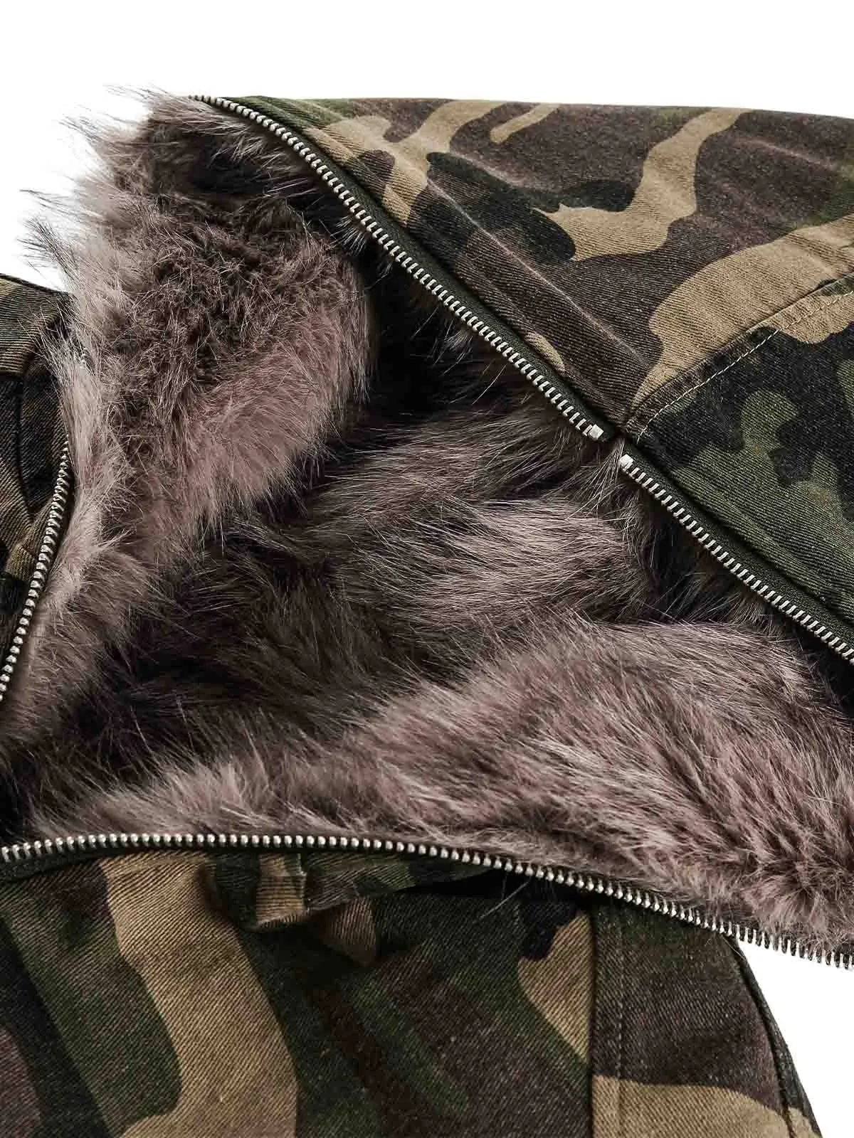 Camouflage Fur Collar Hooded Quilted Jacket
