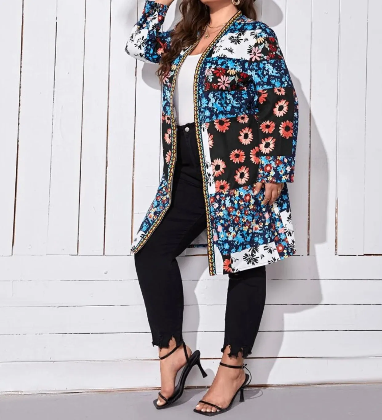Curve & plus floral print geo tape trim open front coat
