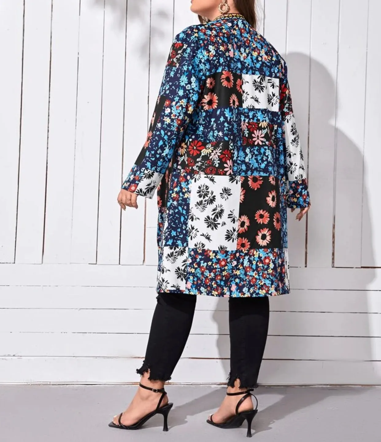 Curve & plus floral print geo tape trim open front coat