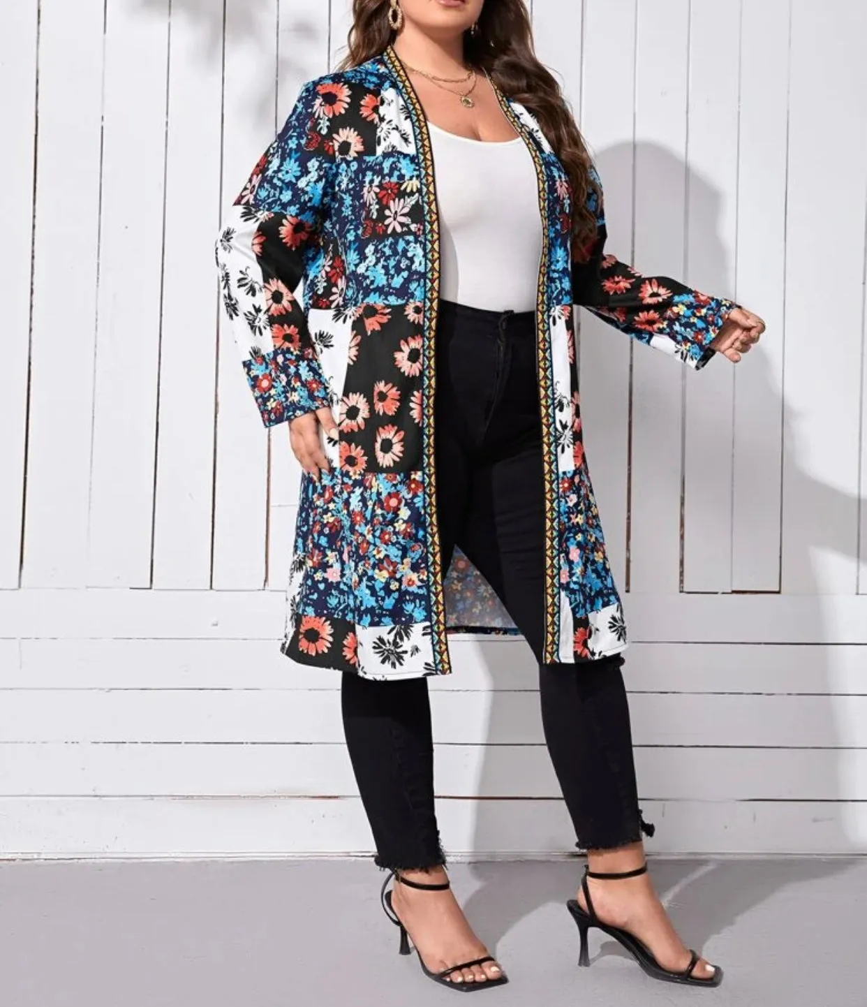 Curve & plus floral print geo tape trim open front coat