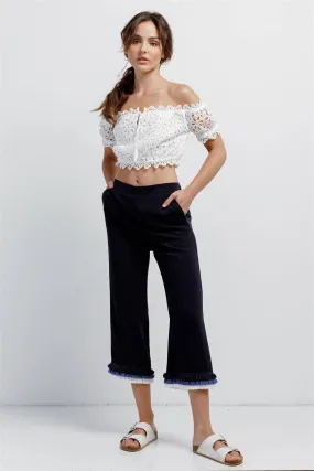 Deep Blue High Waist Layered Multicolor Shredded Hem Wide Leg Capri Pants With Front Pockets /2-2-2