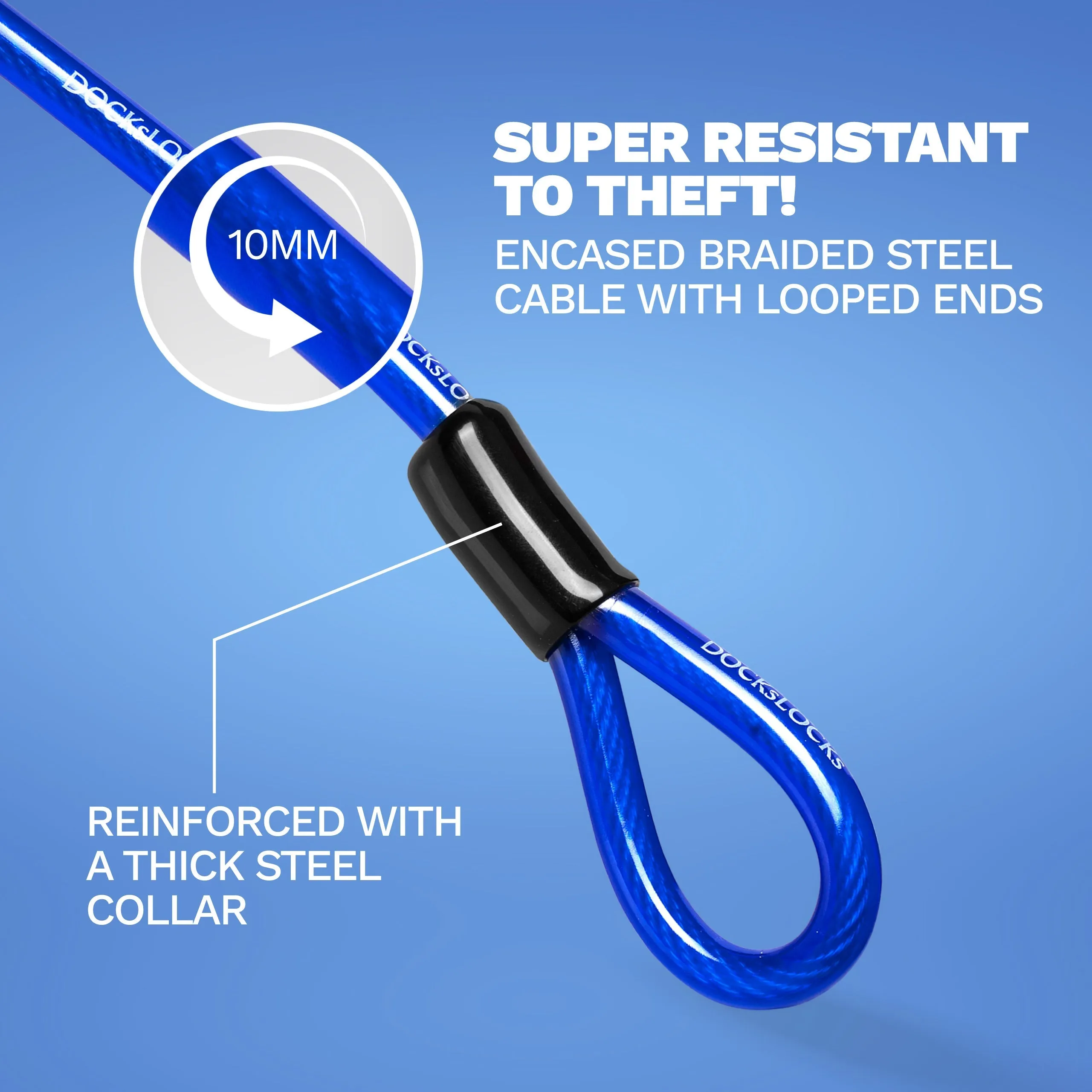 DocksLocks® Anti-Theft Weatherproof Straight Security Cable with Looped Ends and Short Shackle U-Lock (5', 10', 15', 20' or 25')