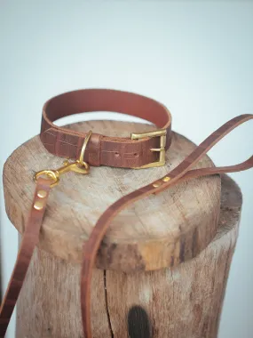 Dog Collar & Leash Set - 30mm Wide - Croc Print - Vintage Brown