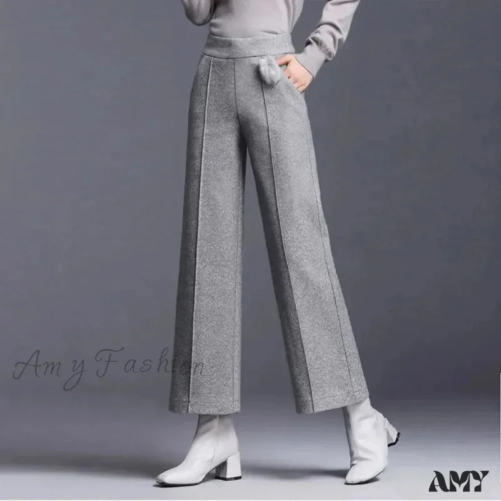 Elegant Woolen Blend Wide Leg High Waist Office Pants