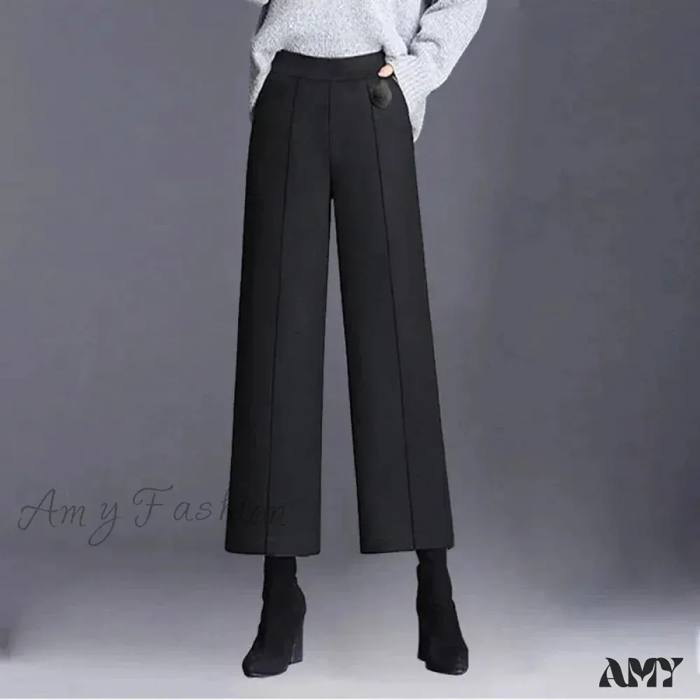 Elegant Woolen Blend Wide Leg High Waist Office Pants