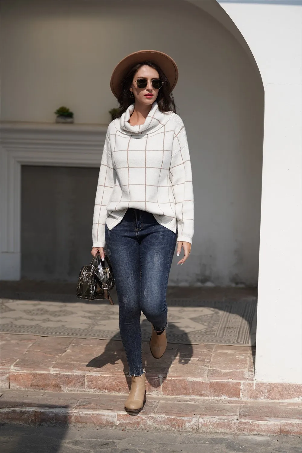 elveswallet Chic Turtleneck Loose Plaid Sweater