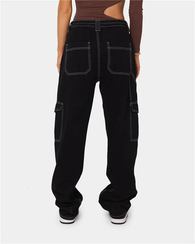 Fashion Multi-pocket High Waist Cargo Pants Women's Wide Leg Jeans