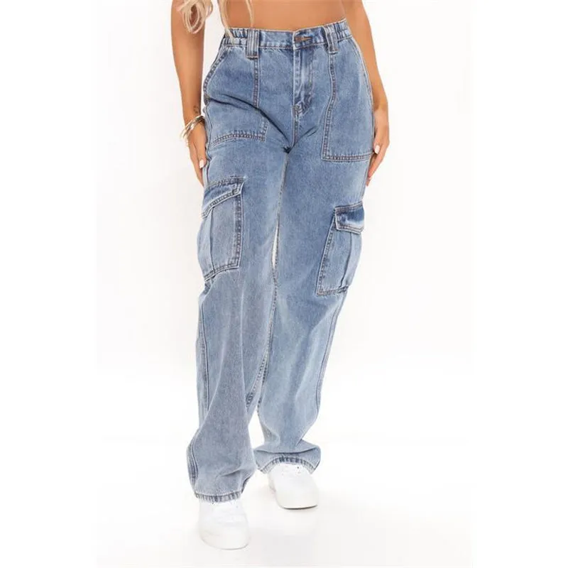 Fashion Multi-pocket High Waist Cargo Pants Women's Wide Leg Jeans