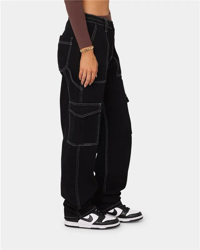 Fashion Multi-pocket High Waist Cargo Pants Women's Wide Leg Jeans