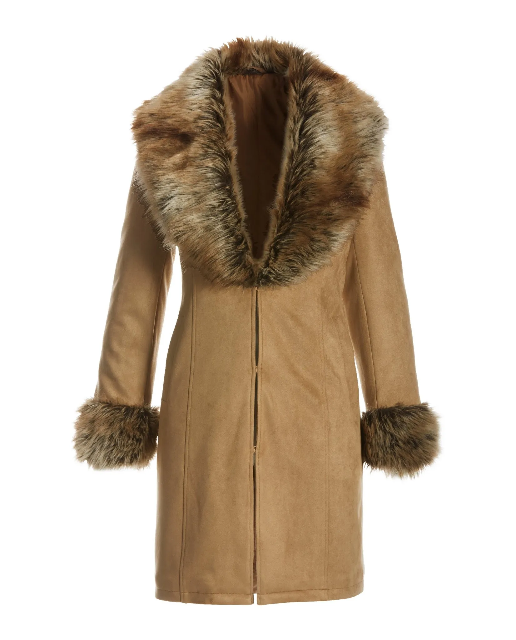 Faux Fur Trim Faux Suede Coat Camel