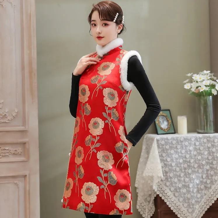 Floral Brocade Knee Length Chinese Wadded Waistcoat Chinese Dress