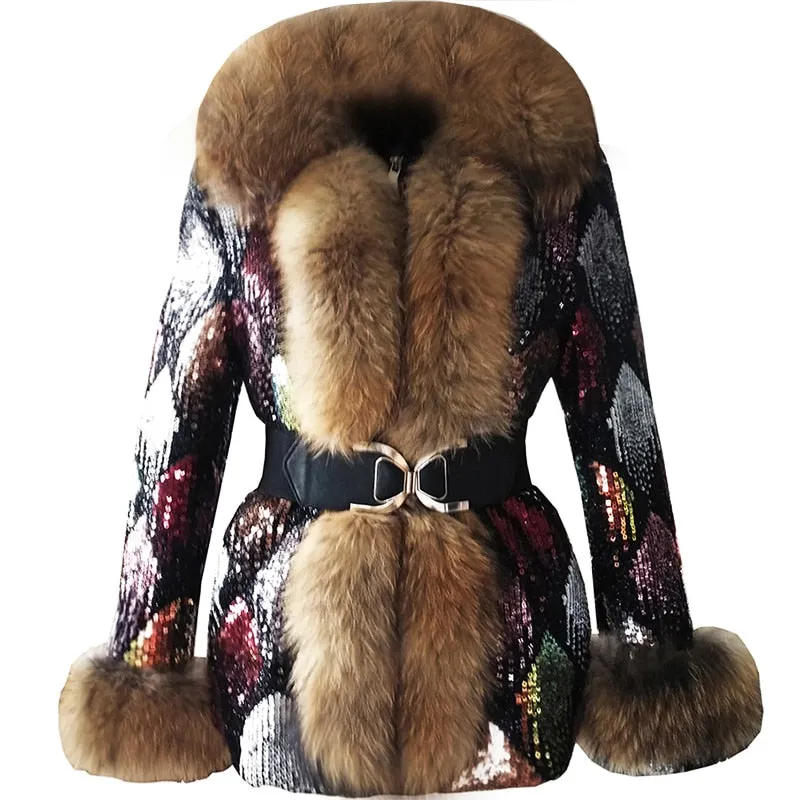 fox fur collar coat long-sleeved women color coat fur parka winter coat