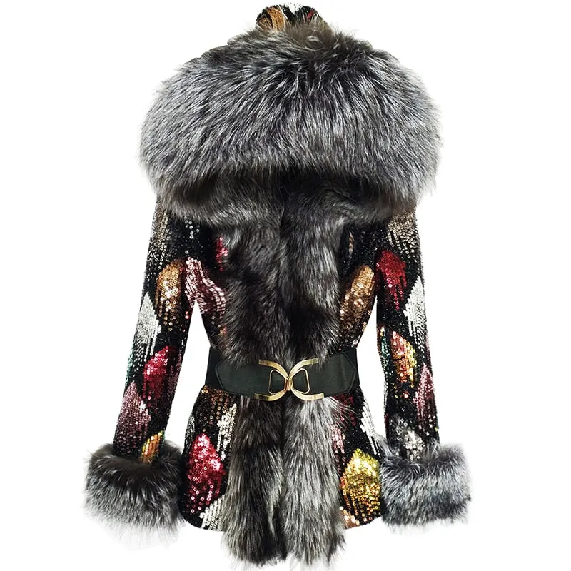 fox fur collar coat long-sleeved women color coat fur parka winter coat
