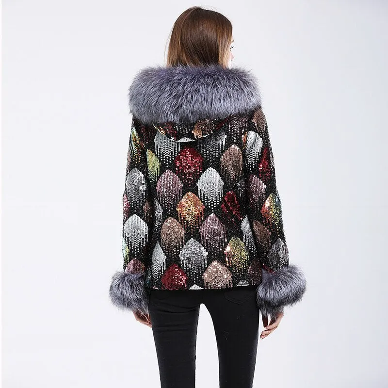 fox fur collar coat long-sleeved women color coat fur parka winter coat