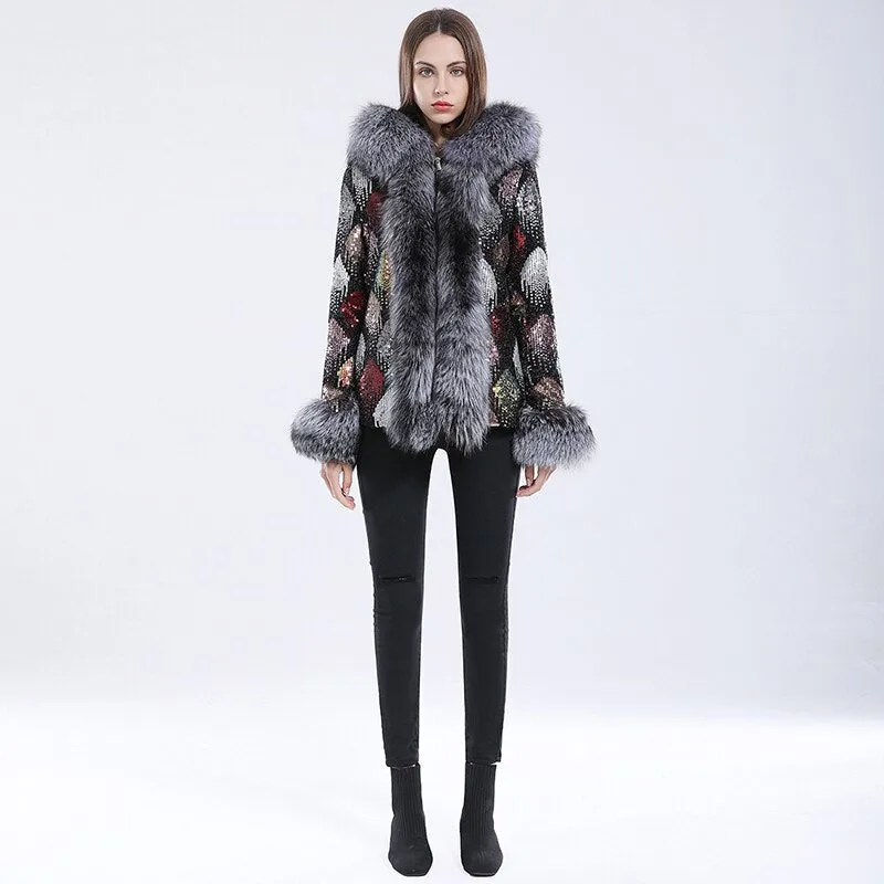 fox fur collar coat long-sleeved women color coat fur parka winter coat