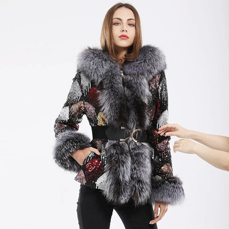fox fur collar coat long-sleeved women color coat fur parka winter coat