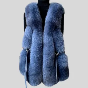 Fox Fur Vest Long Genuine Leather Waist Coat