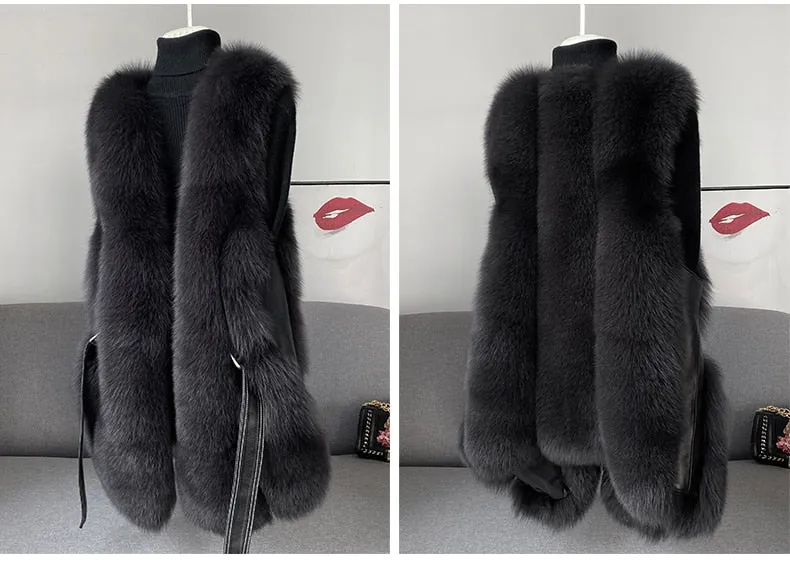Fox Fur Vest Long Genuine Leather Waist Coat
