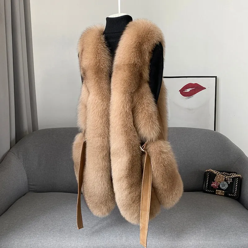 Fox Fur Vest Long Genuine Leather Waist Coat