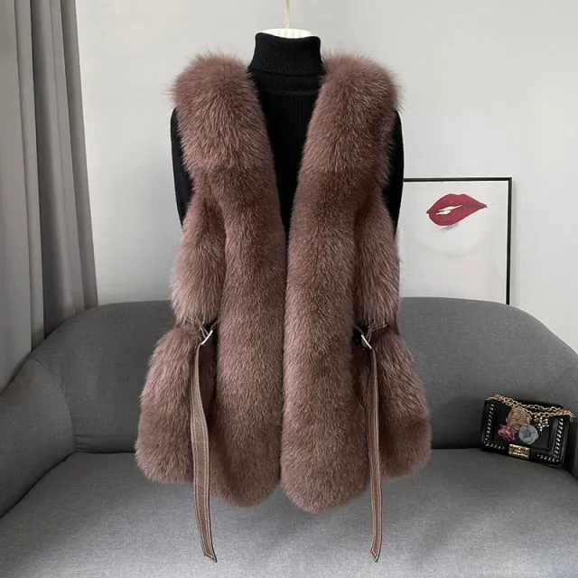 Fox Fur Vest Long Genuine Leather Waist Coat