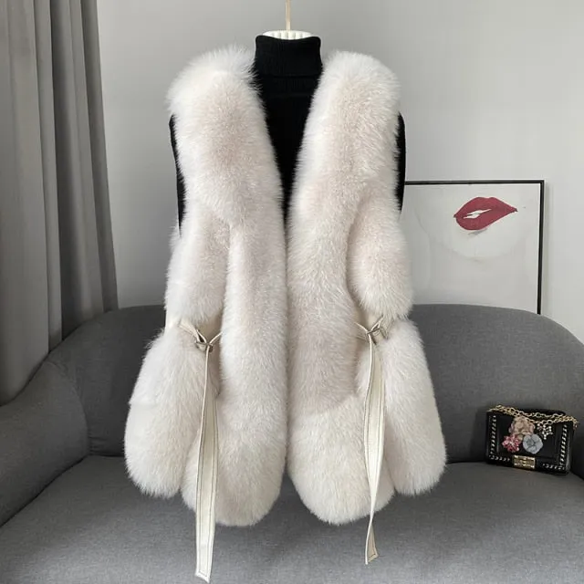 Fox Fur Vest Long Genuine Leather Waist Coat