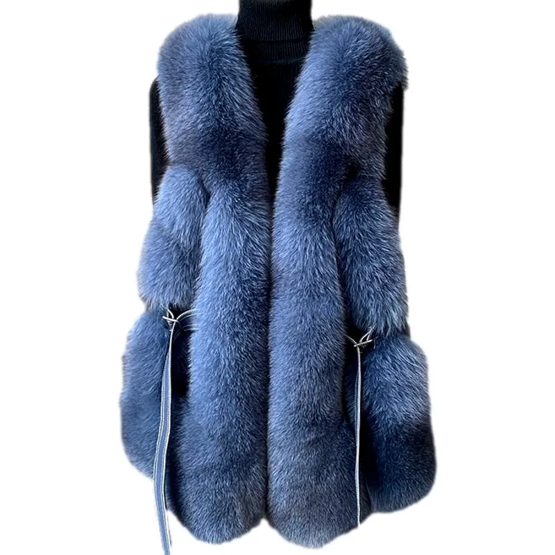 Fox Fur Vest Long Genuine Leather Waist Coat