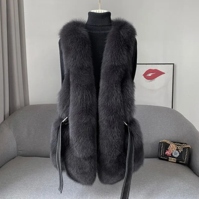 Fox Fur Vest Long Genuine Leather Waist Coat