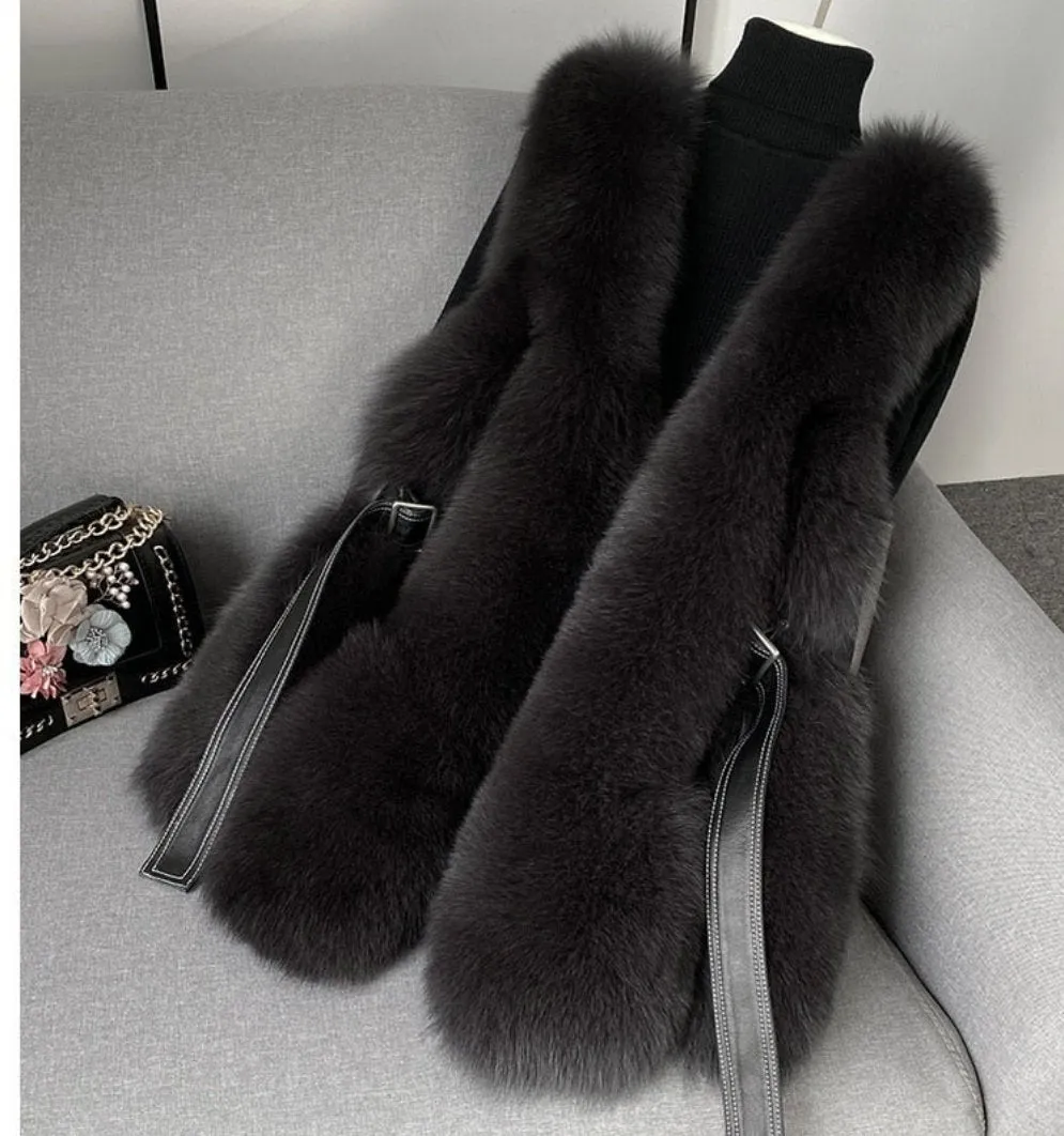 Fox Fur Vest Long Genuine Leather Waist Coat