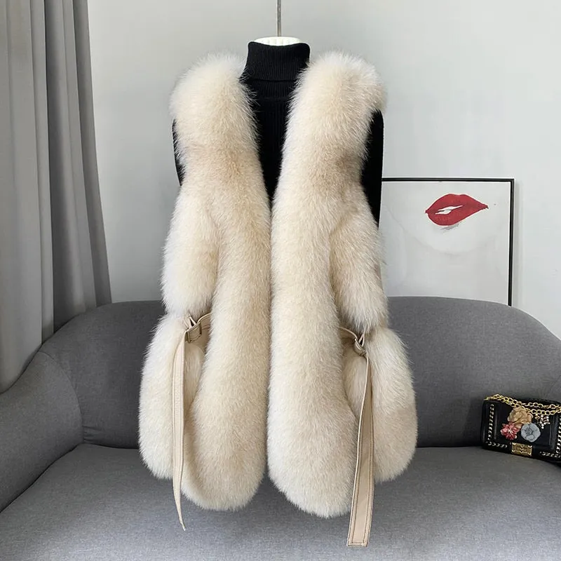Fox Fur Vest Long Genuine Leather Waist Coat