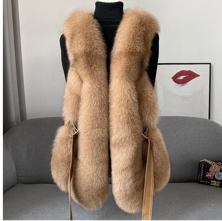 Fox Fur Vest Long Genuine Leather Waist Coat