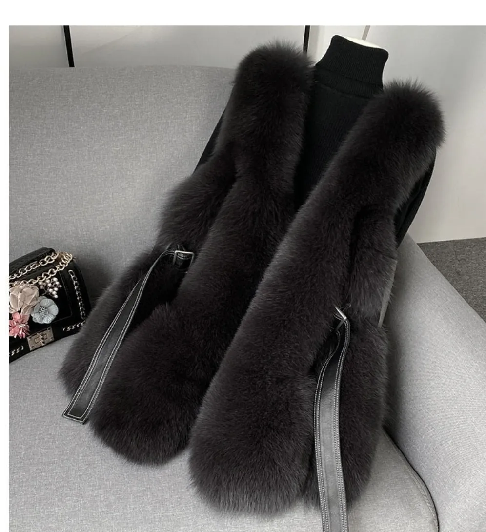 Fox Fur Vest Long Genuine Leather Waist Coat