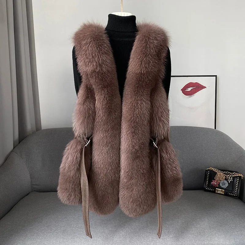 Fox Fur Vest Long Genuine Leather Waist Coat