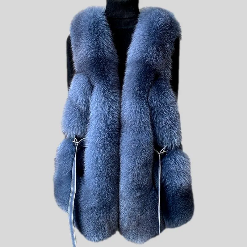 Fox Fur Vest Long Genuine Leather Waist Coat
