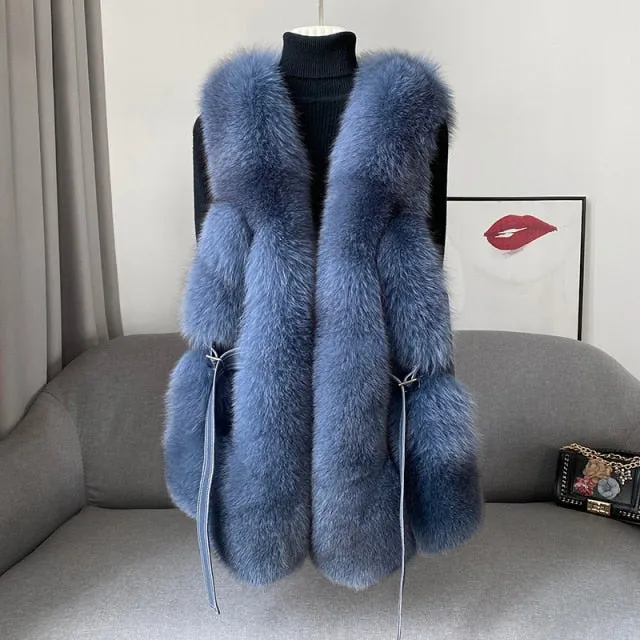 Fox Fur Vest Long Genuine Leather Waist Coat