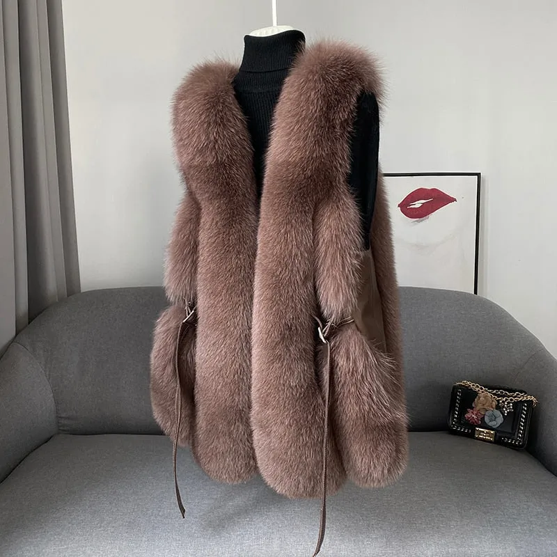 Fox Fur Vest Long Genuine Leather Waist Coat