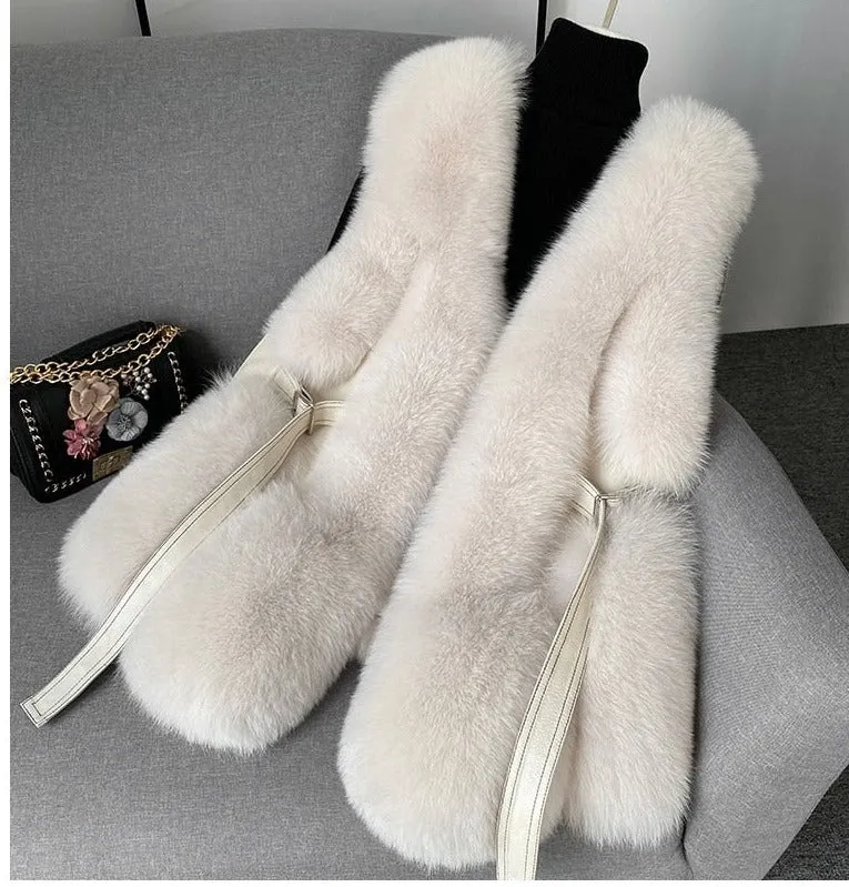 Fox Fur Vest Long Genuine Leather Waist Coat