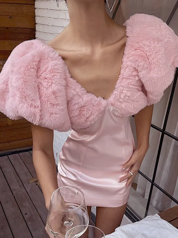 Fur Collar Patchwork Zipper Mini Dress