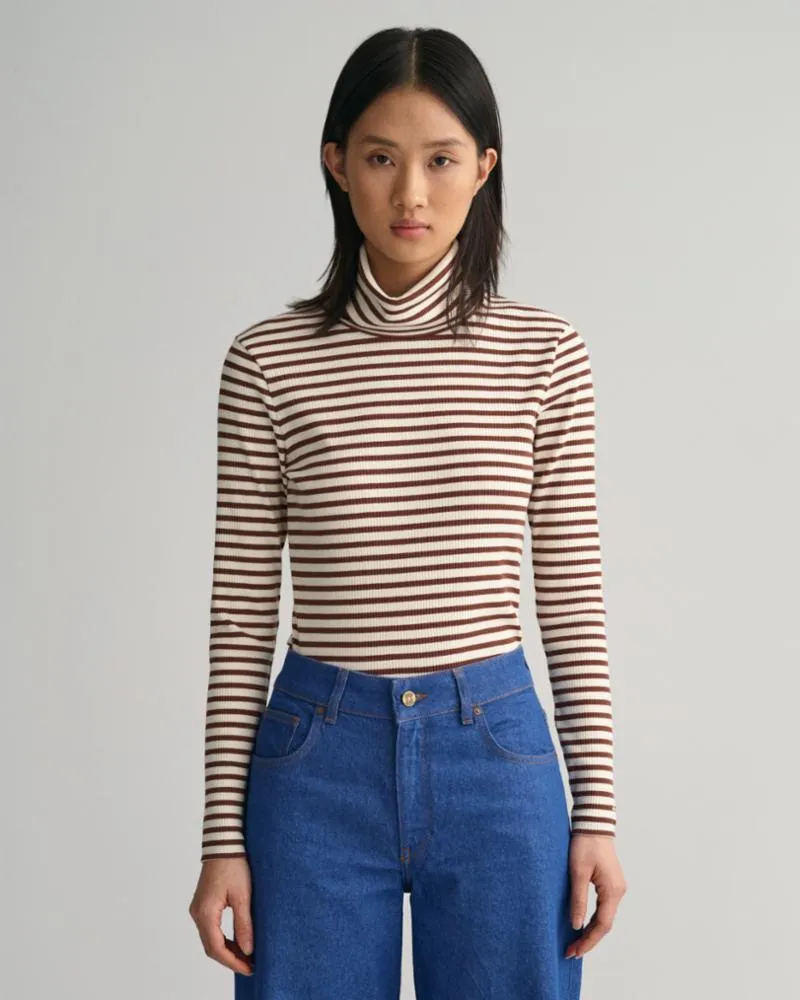 Gant Apparel Womens SLIM STRIPED RIBBED TURTLENECK 268/WEATHERED BROWN