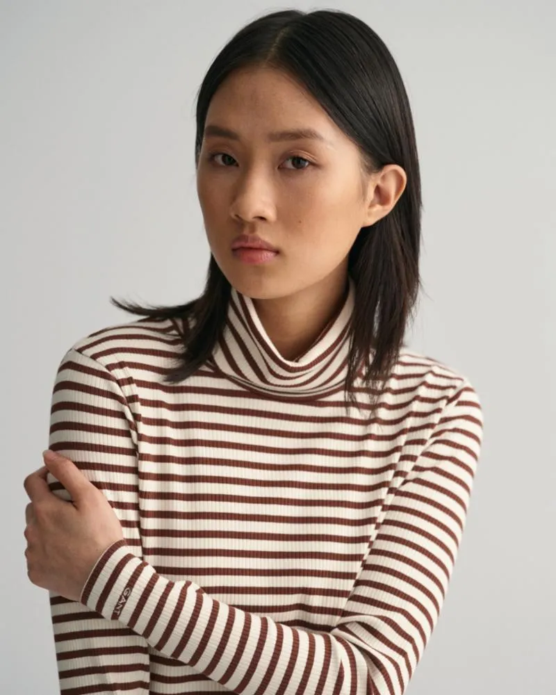 Gant Apparel Womens SLIM STRIPED RIBBED TURTLENECK 268/WEATHERED BROWN
