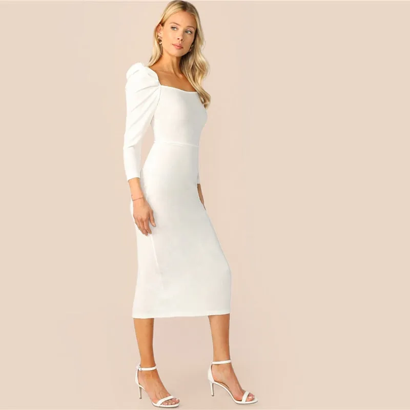 Gigot Sleeve Split Back Pencil Dress