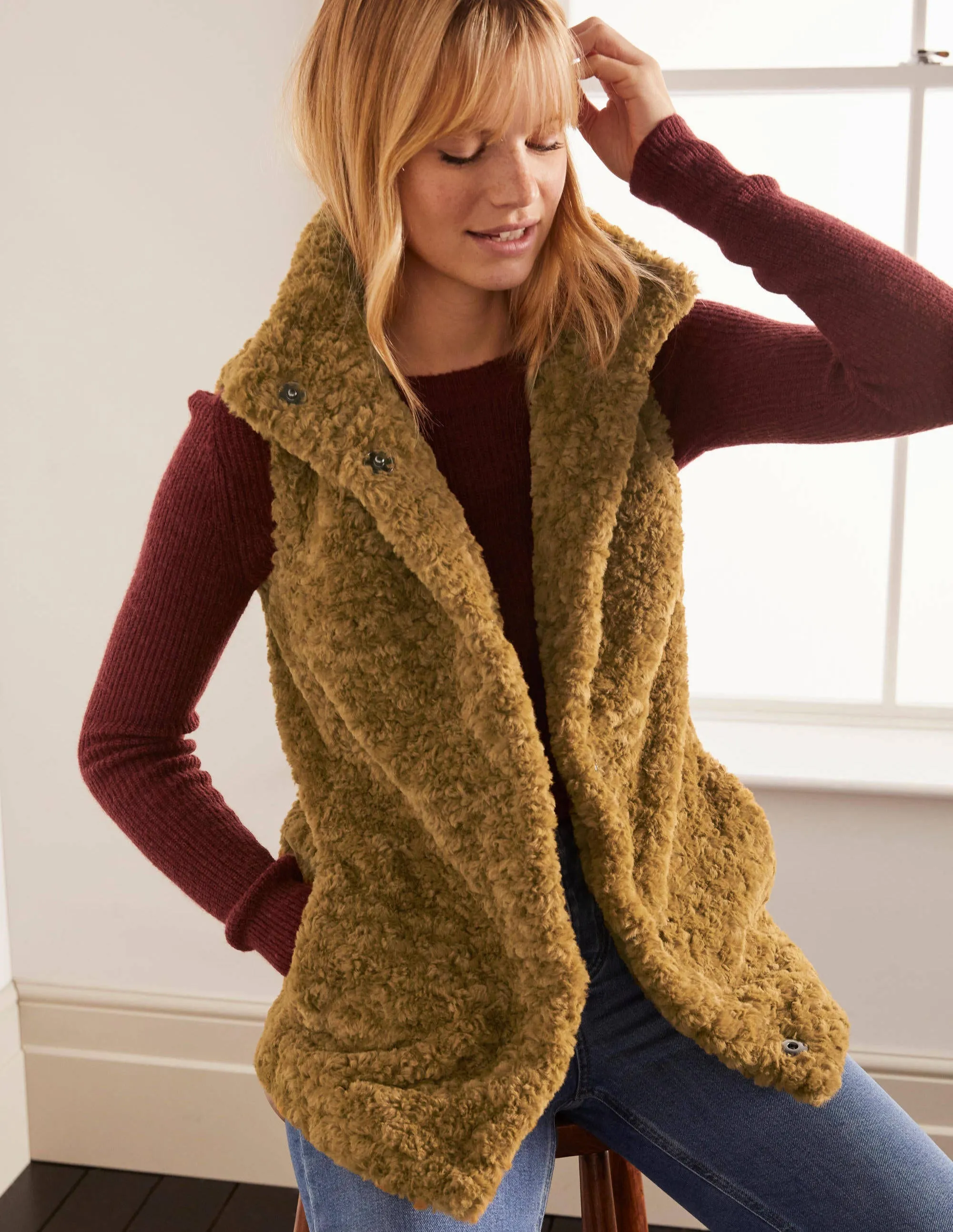 Haddon Faux Fur Gilet-Camel
