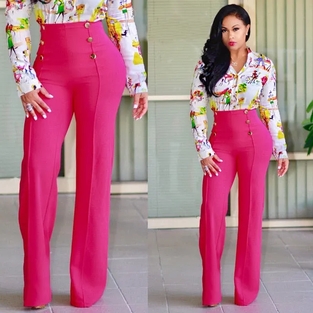 High Waist Pants with Botton Decor