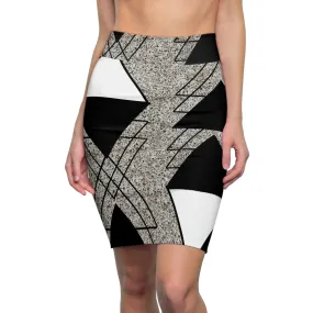High Waist Womens Pencil Skirt - Contour Stretch - Black and White Triangular Colorblock