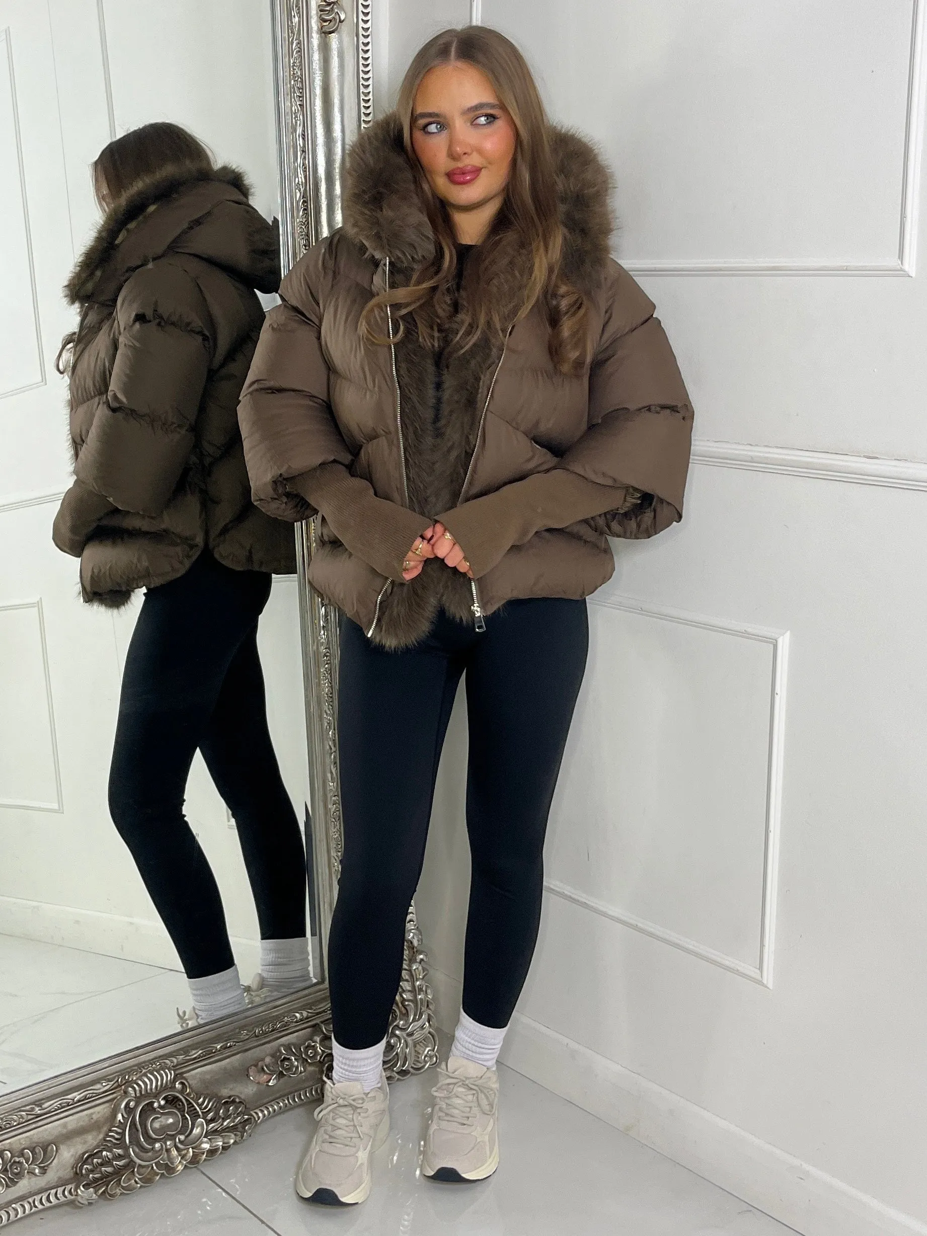 hooded puffer coat with faux fur trim - Brown