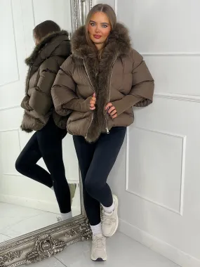 hooded puffer coat with faux fur trim - Brown