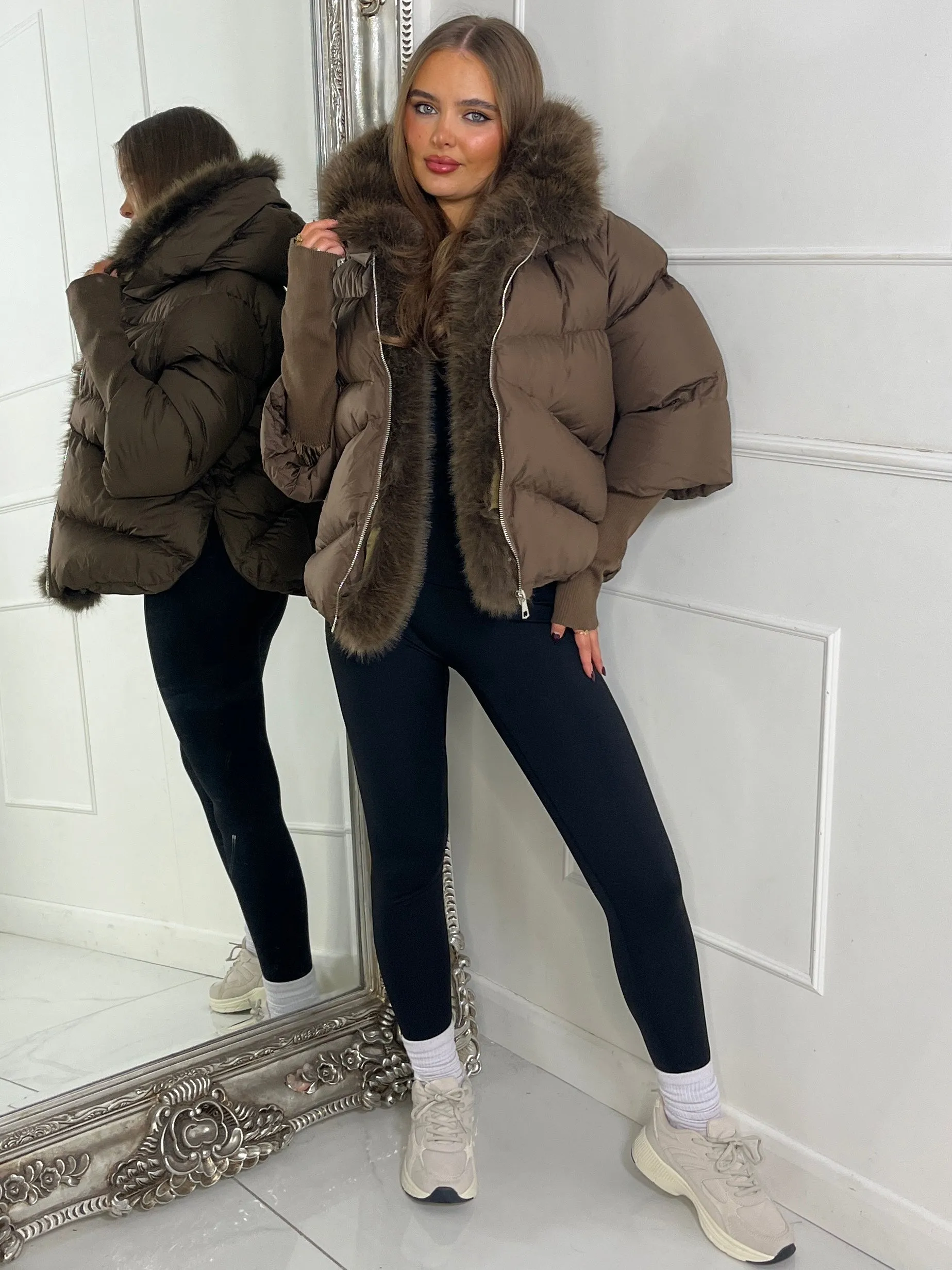 hooded puffer coat with faux fur trim - Brown