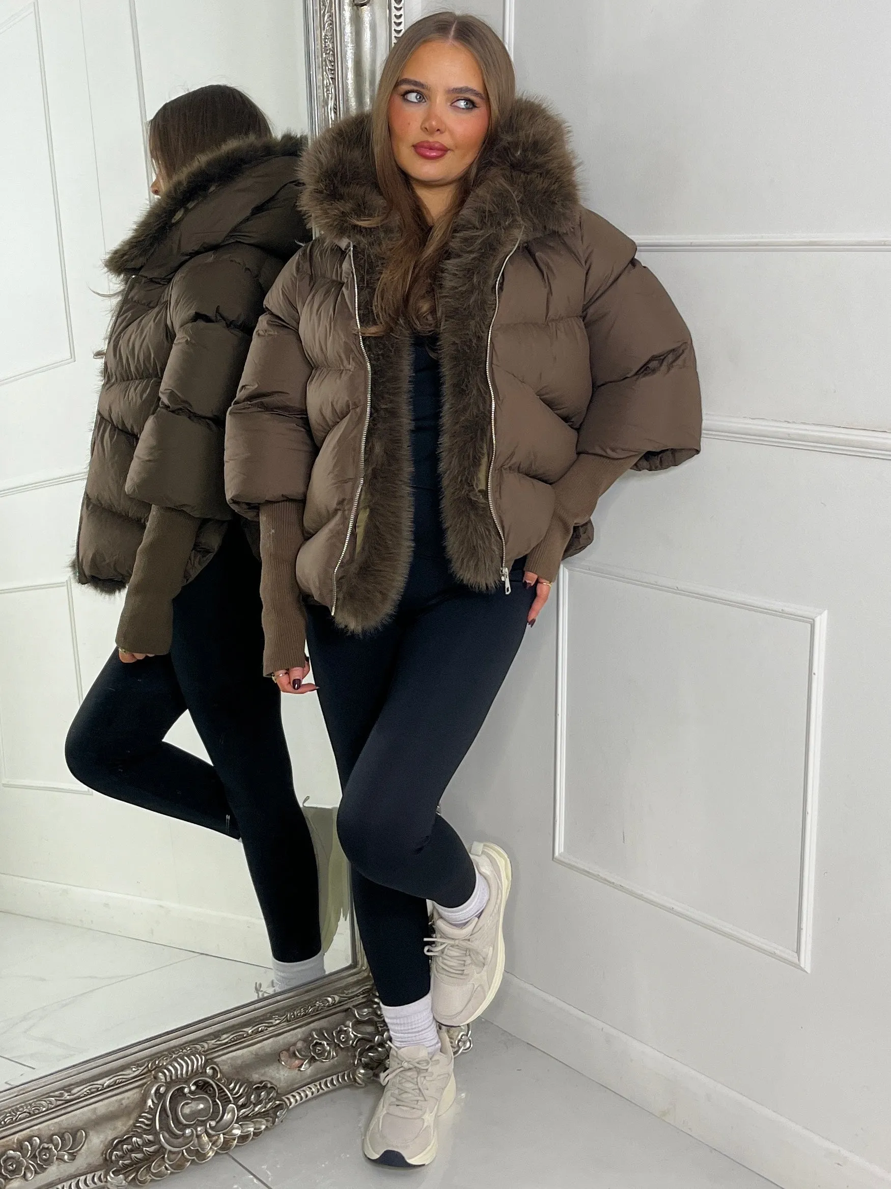 hooded puffer coat with faux fur trim - Brown