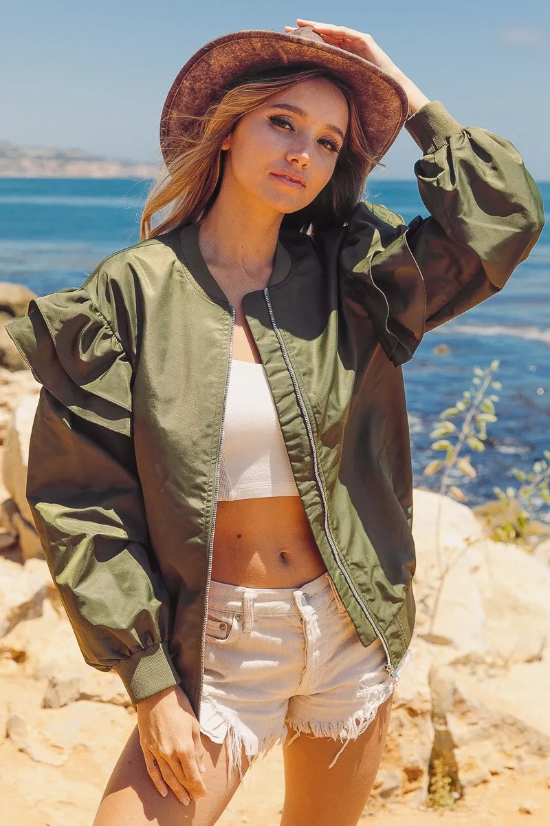 IP6018-01_1 | RUFFLE LAYERED SLEEVE BOMBER JACKET