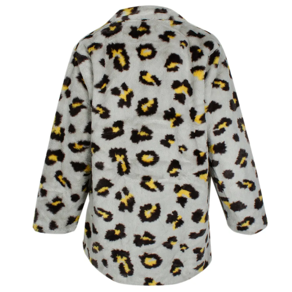 Janice Apparel Women's Faux Fur Animal Print Leopard Notch Collar Jacket No Size