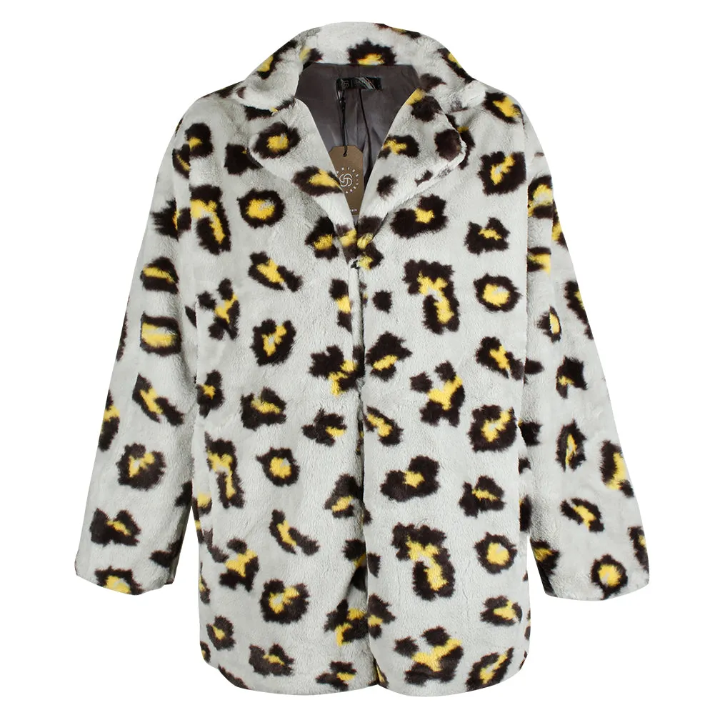 Janice Apparel Women's Faux Fur Animal Print Leopard Notch Collar Jacket No Size